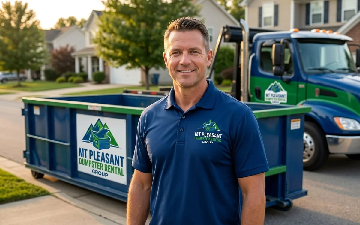 Locally owned dumpster rental company in Mt Pleasant MI Mt Pleasant Dumpster Rental Group container on an Isabella County driveway
